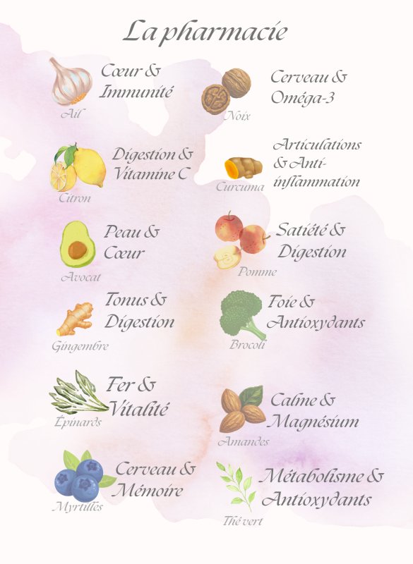 La Pharmacie — 12 aliments & leurs bienfaits (poster PDF)